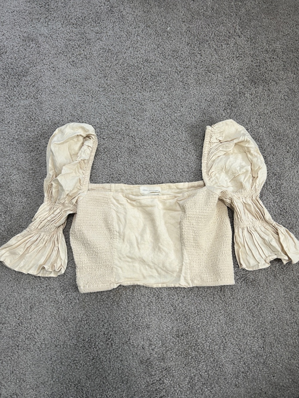 Urban Outfitters Cream Puff-Sleeve Smocked Crop Top